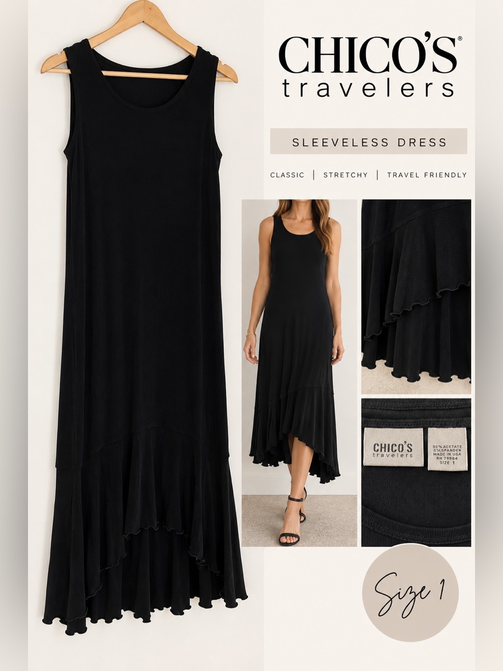 Chico’s Travelers Size 1 Black Sleeveless Midi Dress Asymmetrical Ruffle Hem